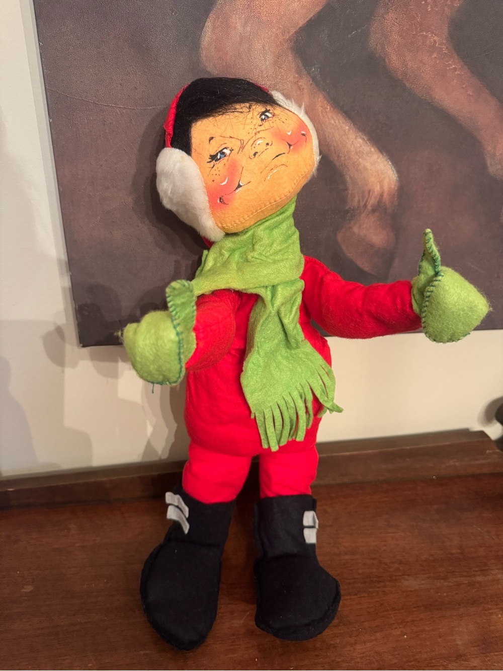 Vintage 1980 Annalee Mobilitee Christmas Elf Kid Black Hair Ear Muffs